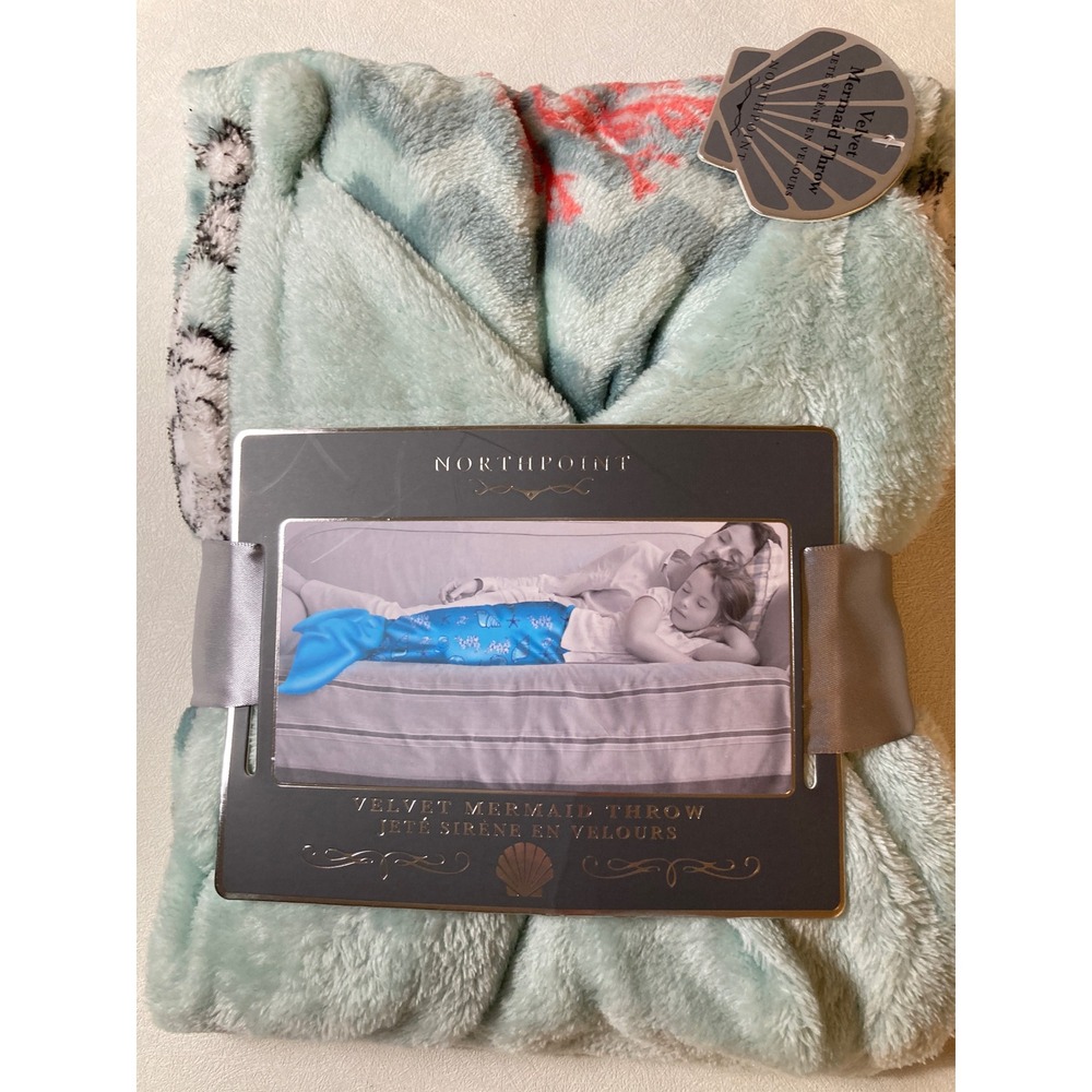 Northpoint Velvet Mermaid Throw Blanket Mint Green Seahorse Coastal Plush New
